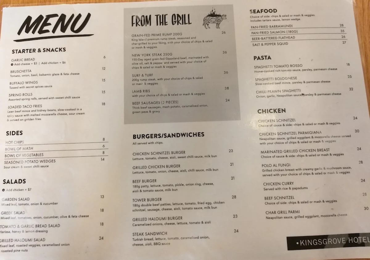 Menu, Kingsgrove Hotel