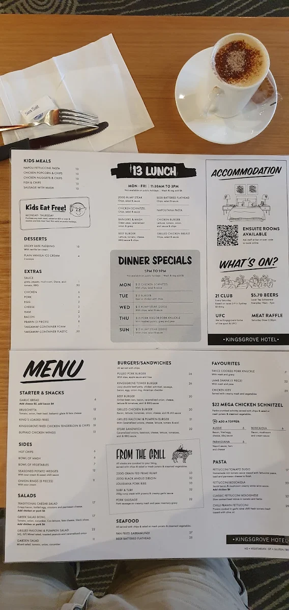 Menu, Kingsgrove Hotel