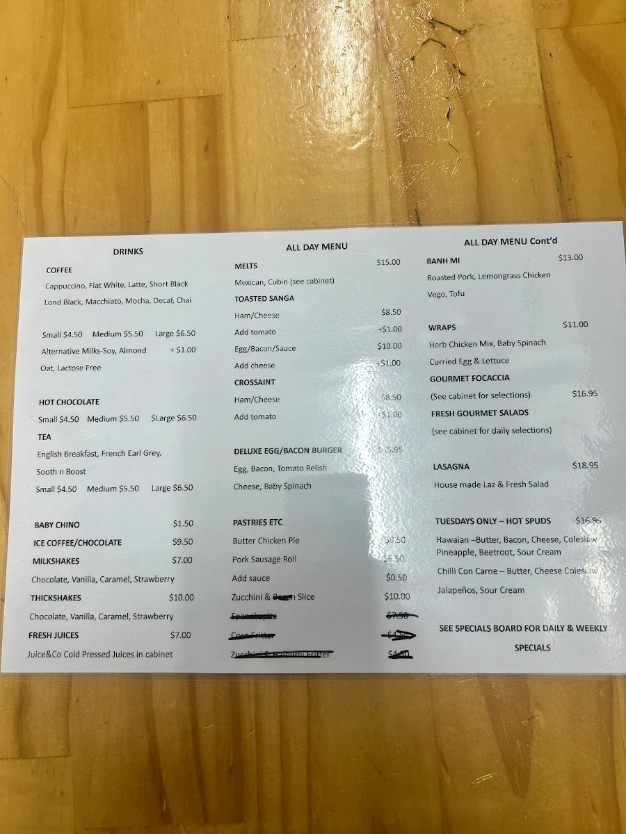Menu, TnT's cafe