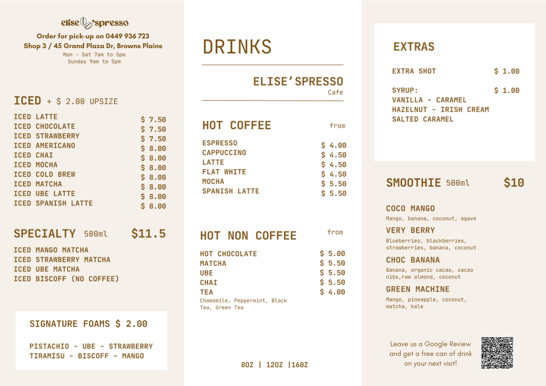 Menu, elise’spresso