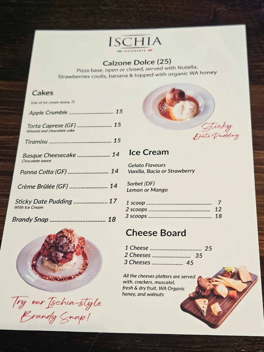 Menu, Ischia on Claisebrook