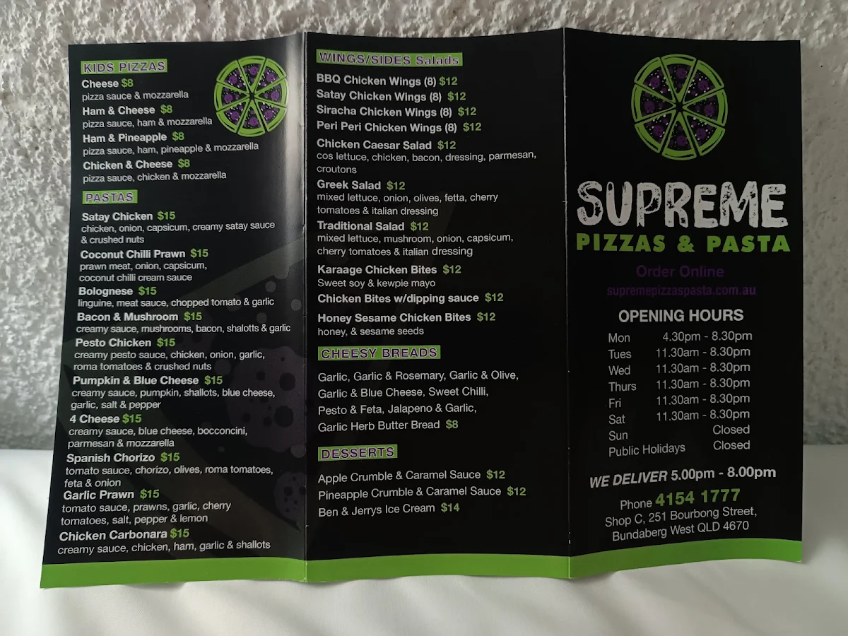 Menu, Supreme Pizza & Pasta