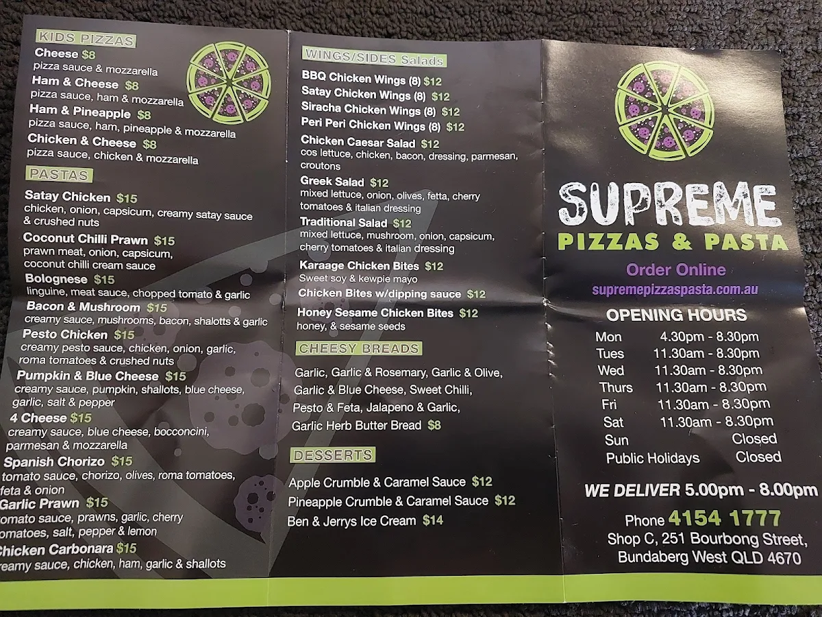 Menu, Supreme Pizza & Pasta