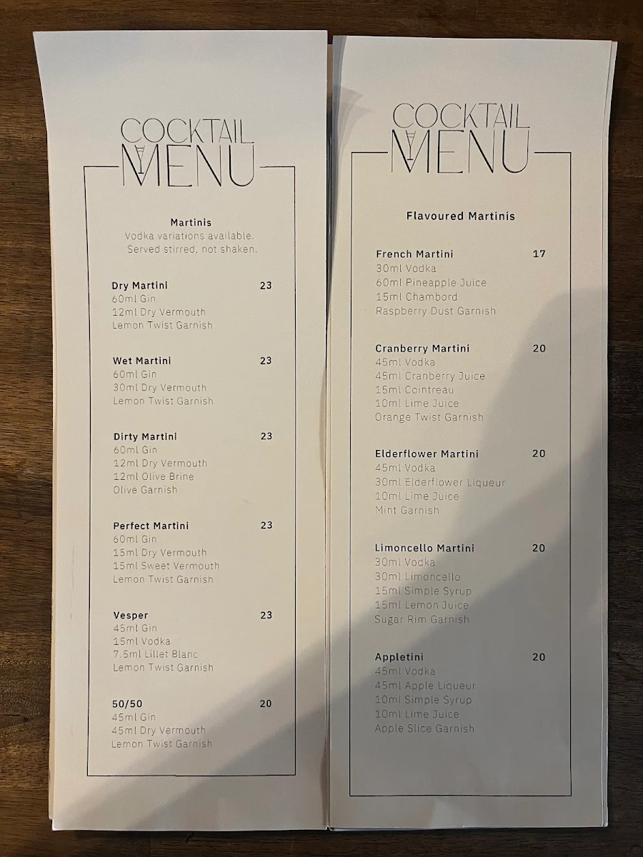 Menu, Martinis Cocktail Lounge