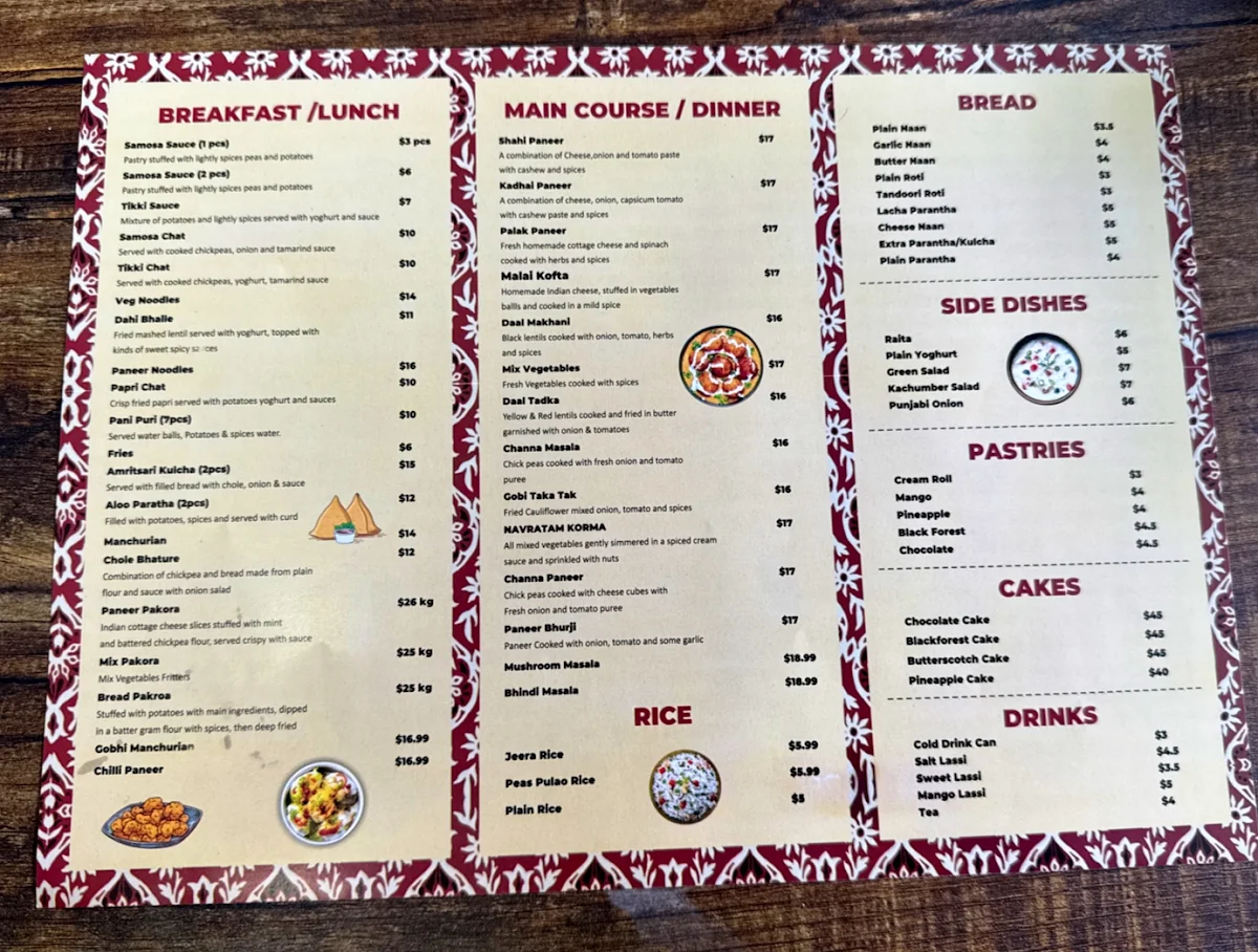 Menu, Khalsa Sweets and Snacks
