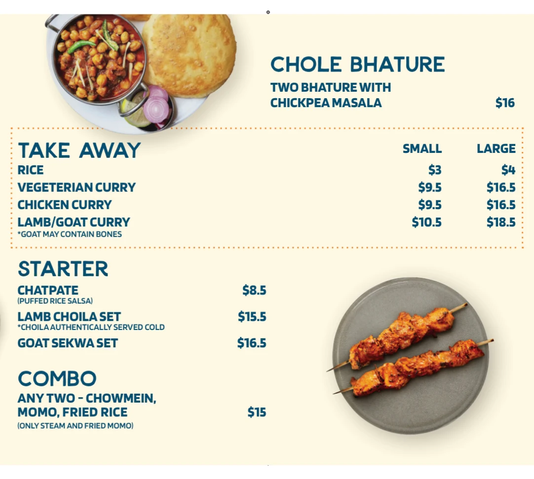 Menu, Spiced Up Indian & Nepalese