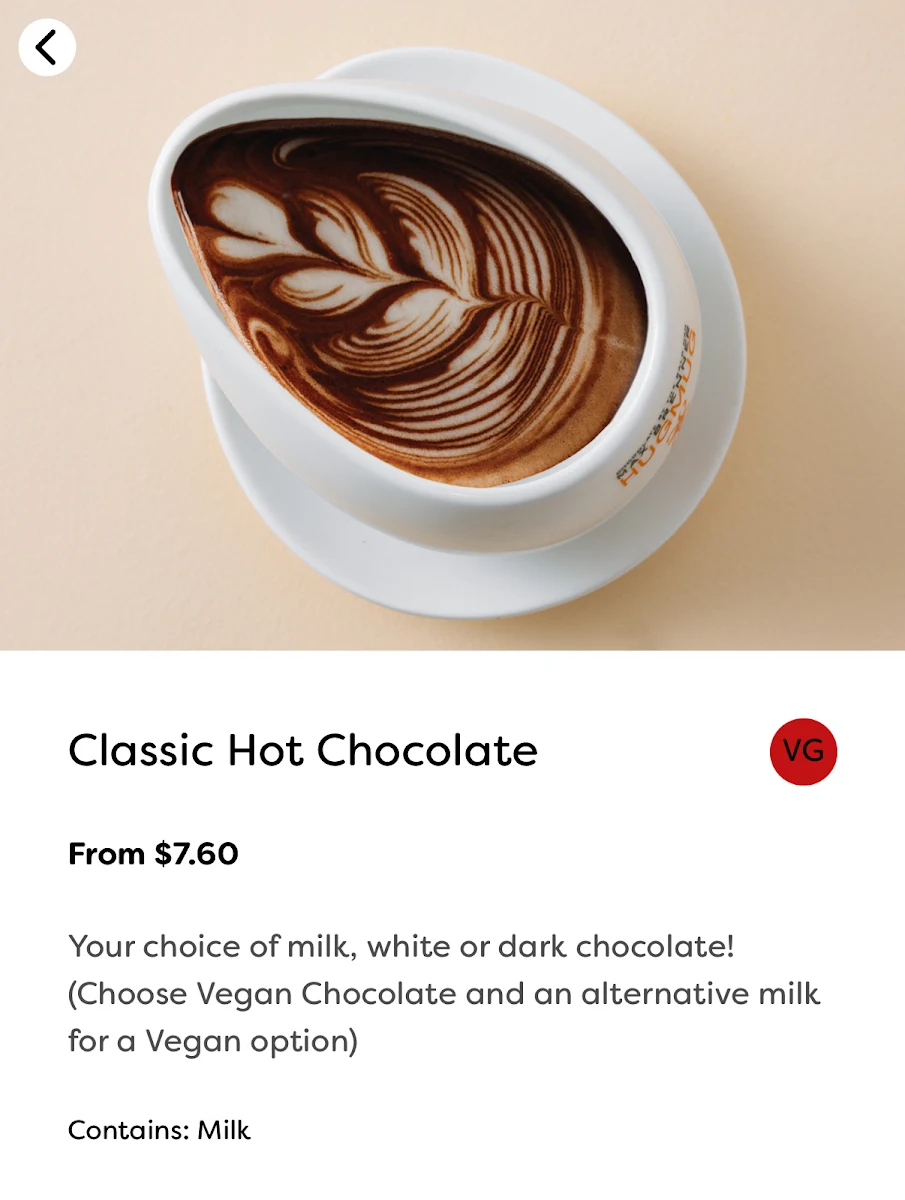Menu, Max Brenner - Belconnen
