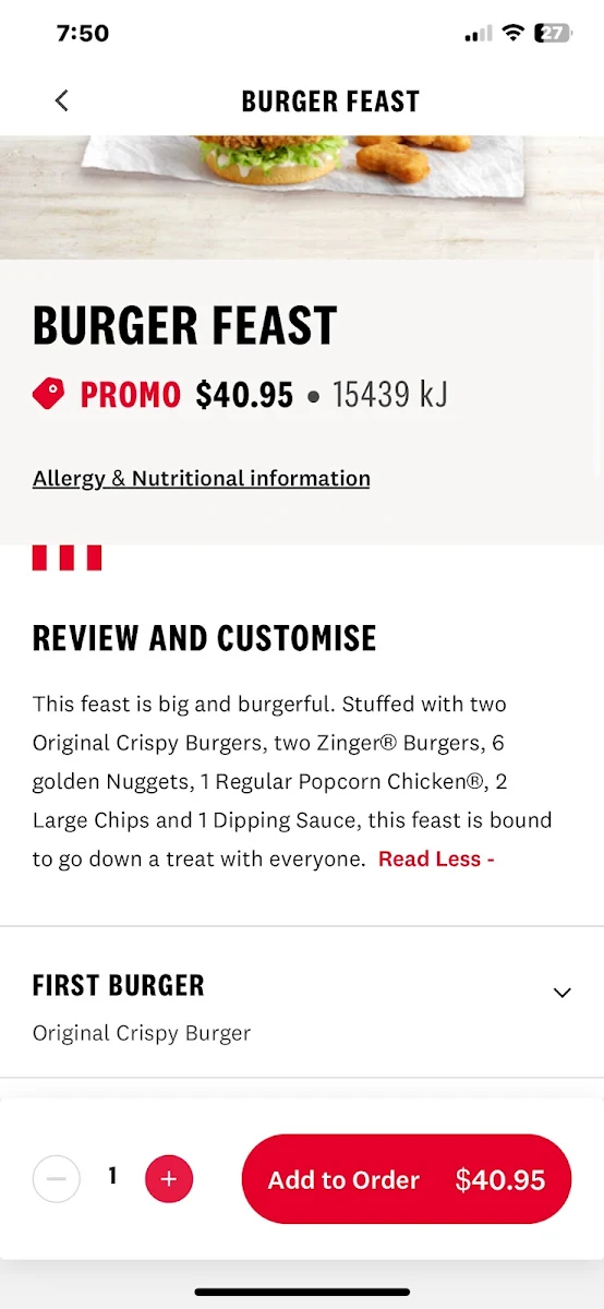 Menu, KFC Subiaco