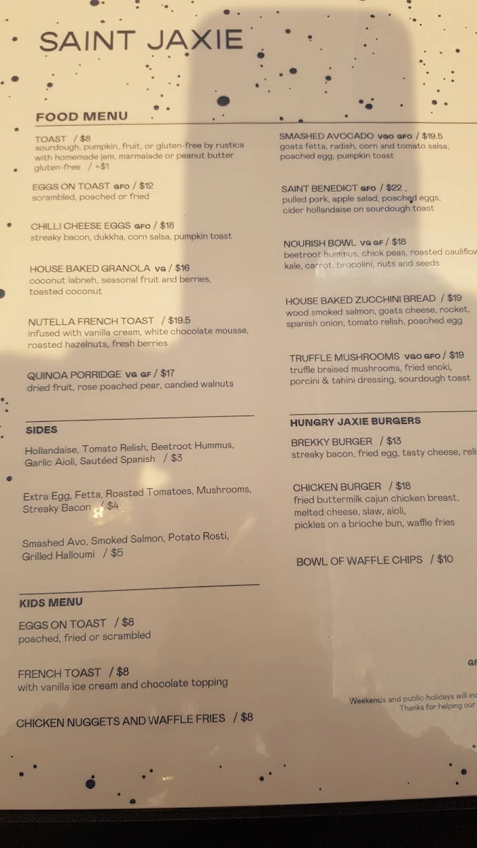 Menu, Saint Jaxie Cafe