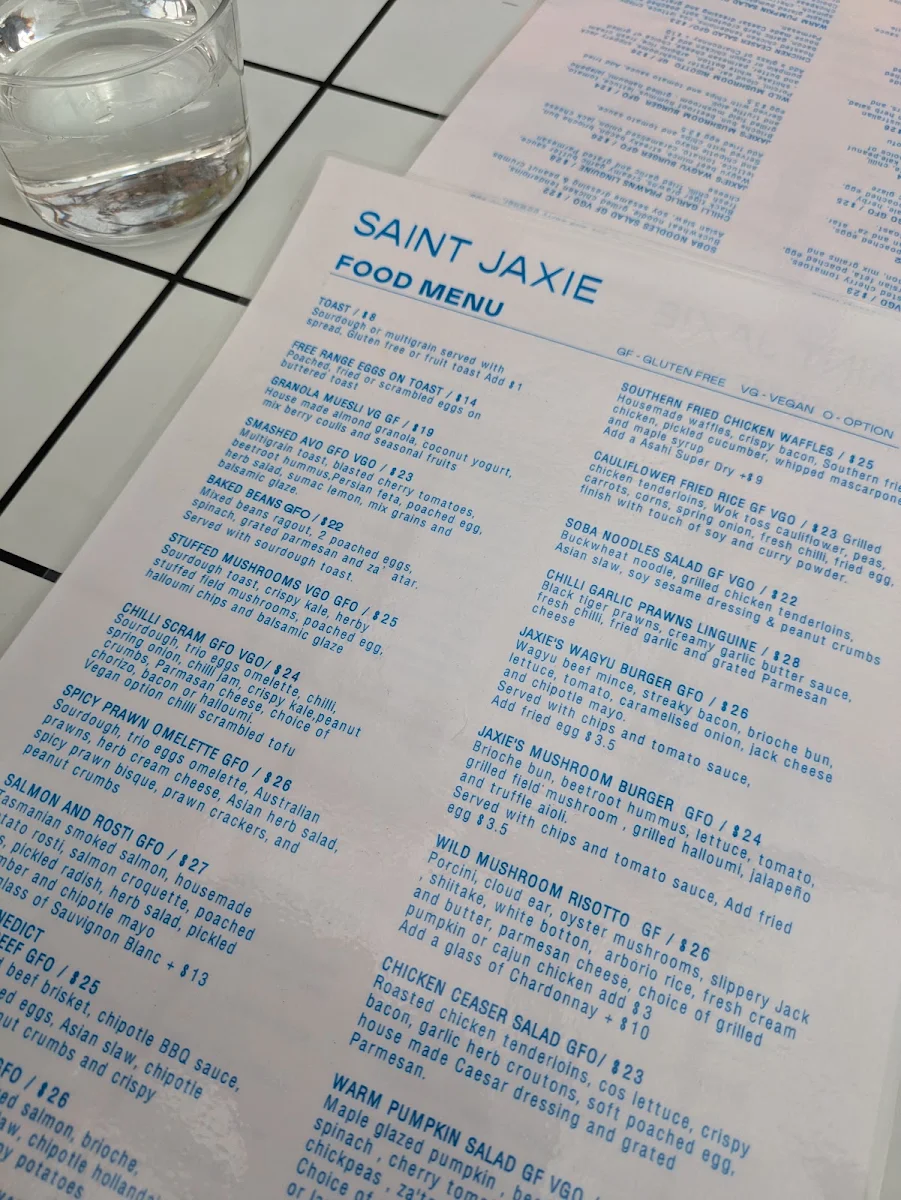 Menu, Saint Jaxie Cafe