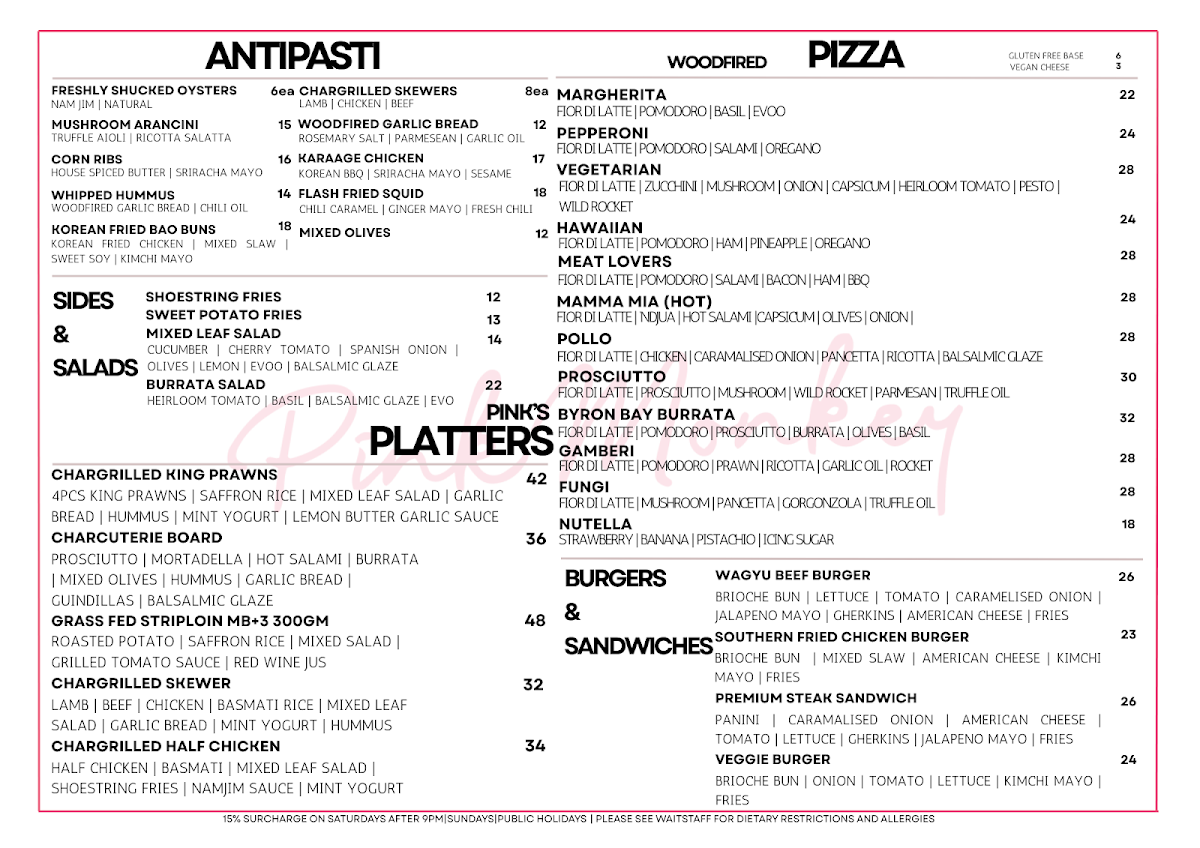 Menu, Pink Monkey Bar & Grill