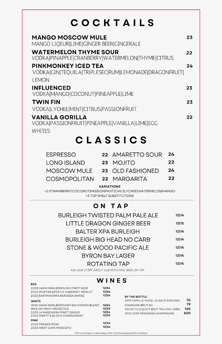 Menu, Pink Monkey Bar & Grill