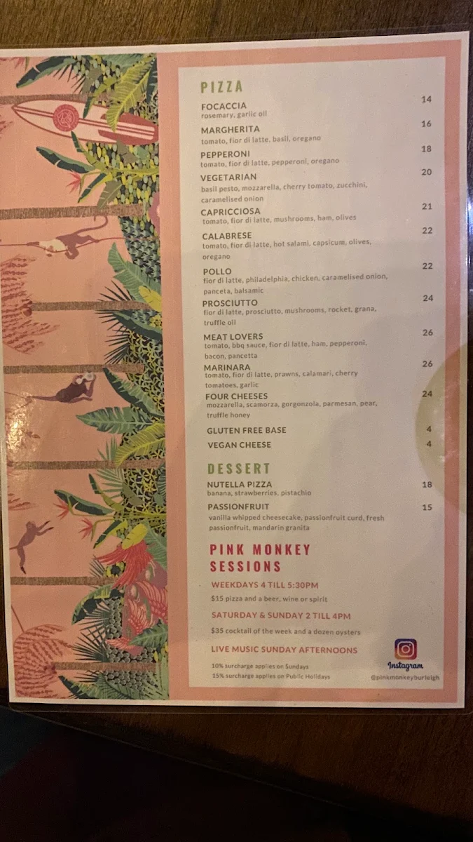 Menu, Pink Monkey Bar & Grill