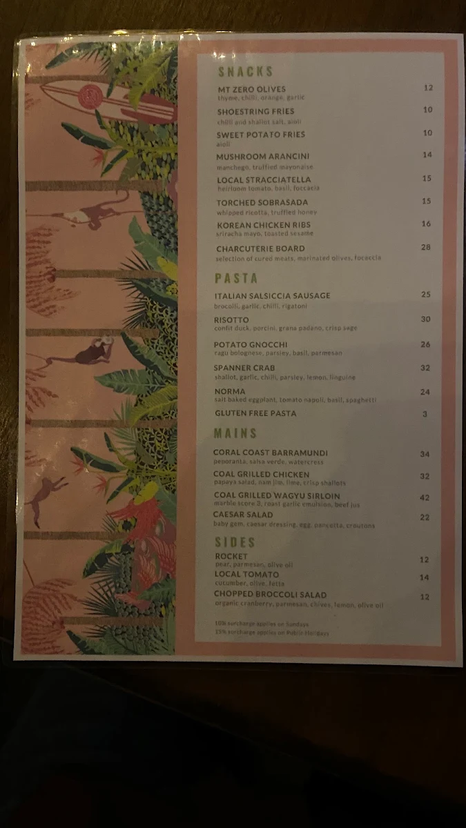 Menu, Pink Monkey Bar & Grill