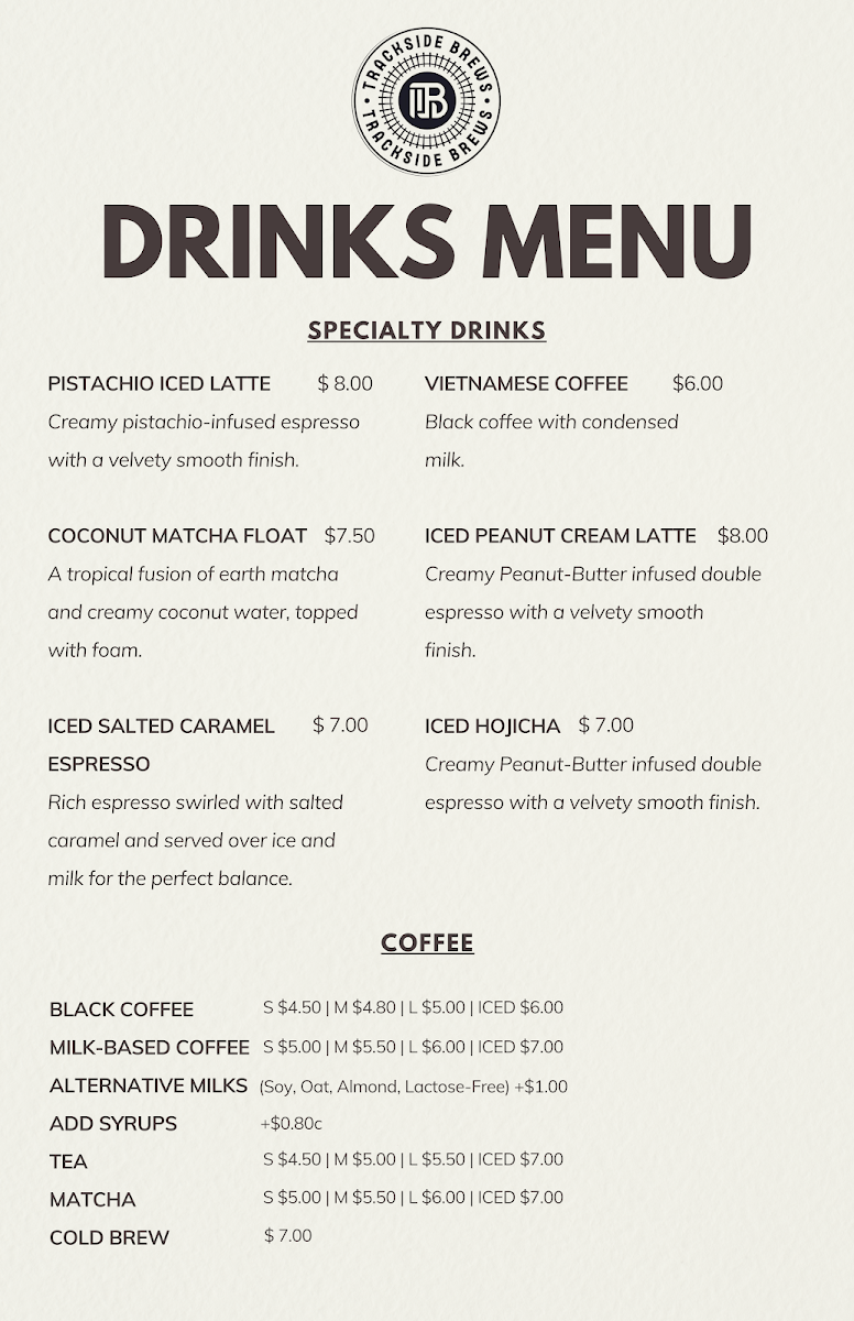 Menu, Trackside Brews
