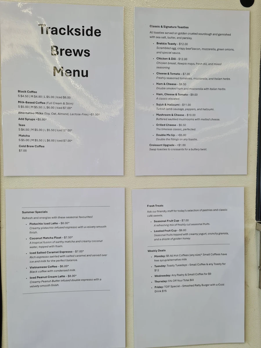 Menu, Trackside Brews