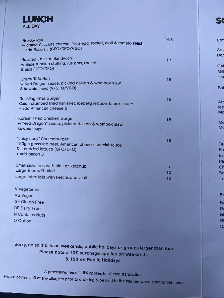 Menu, Archie's All Day