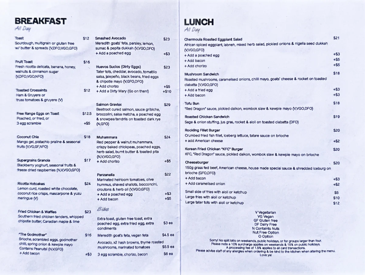 Menu, Archie's All Day