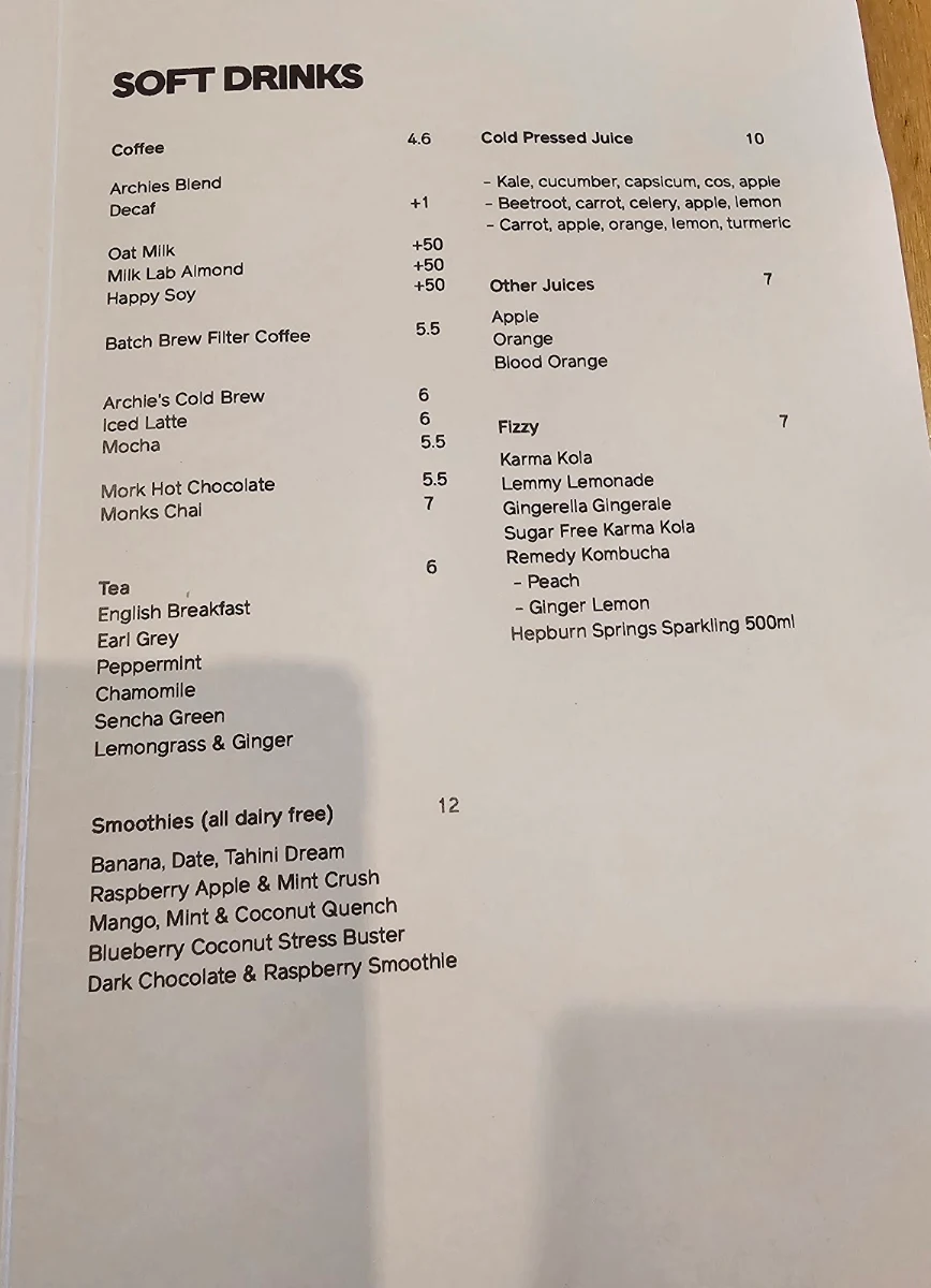Menu, Archie's All Day