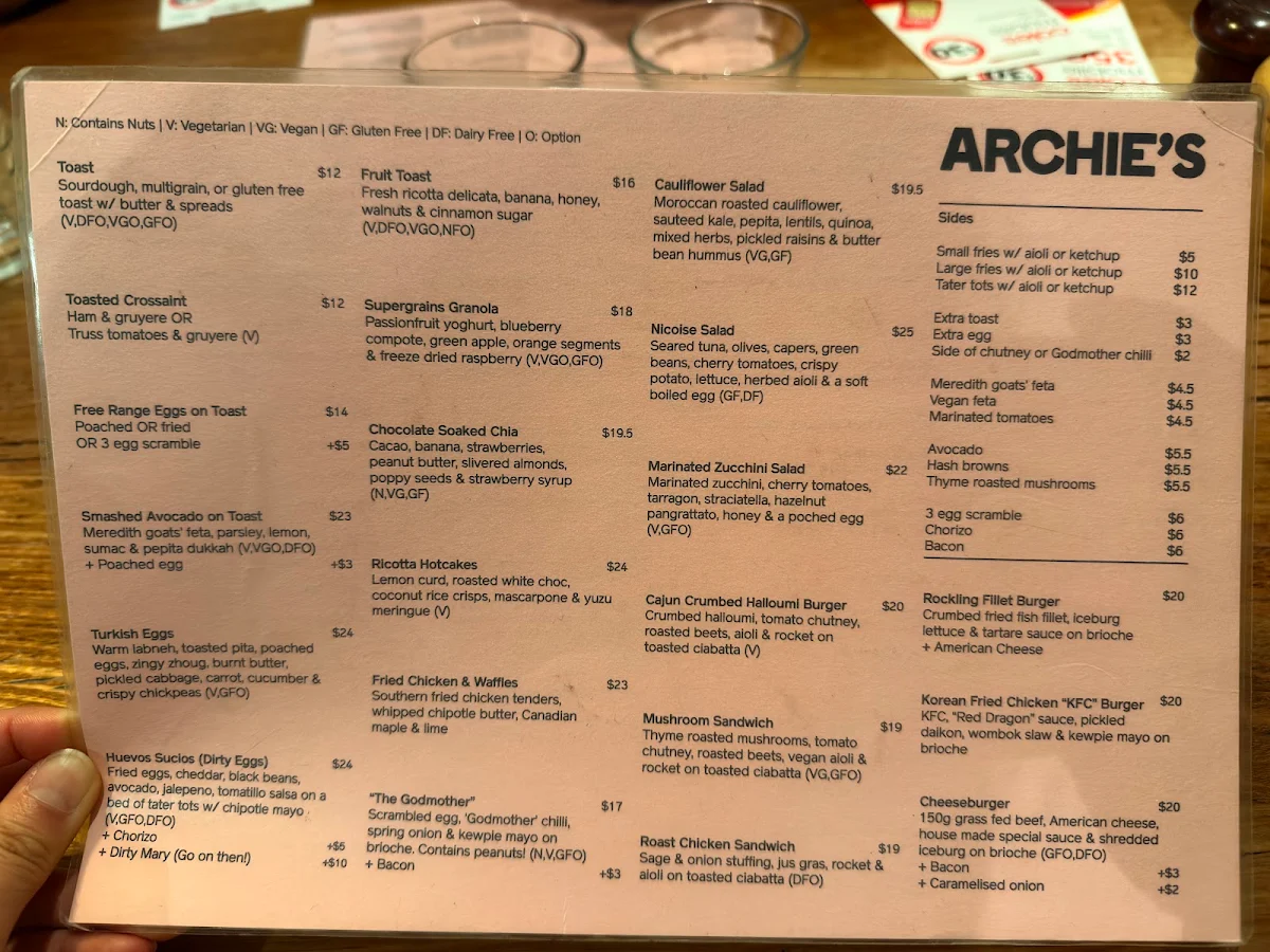 Menu, Archie's All Day