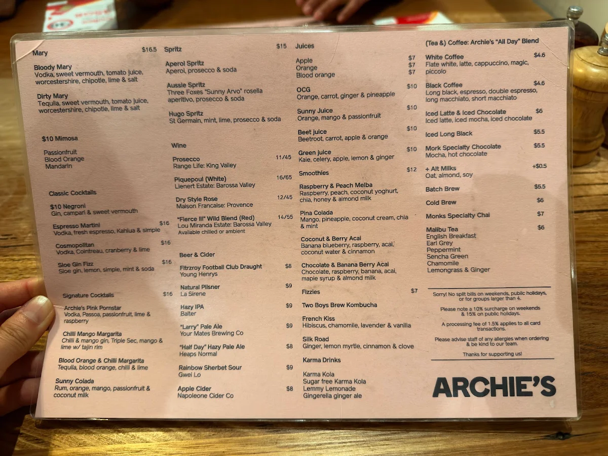 Menu, Archie's All Day
