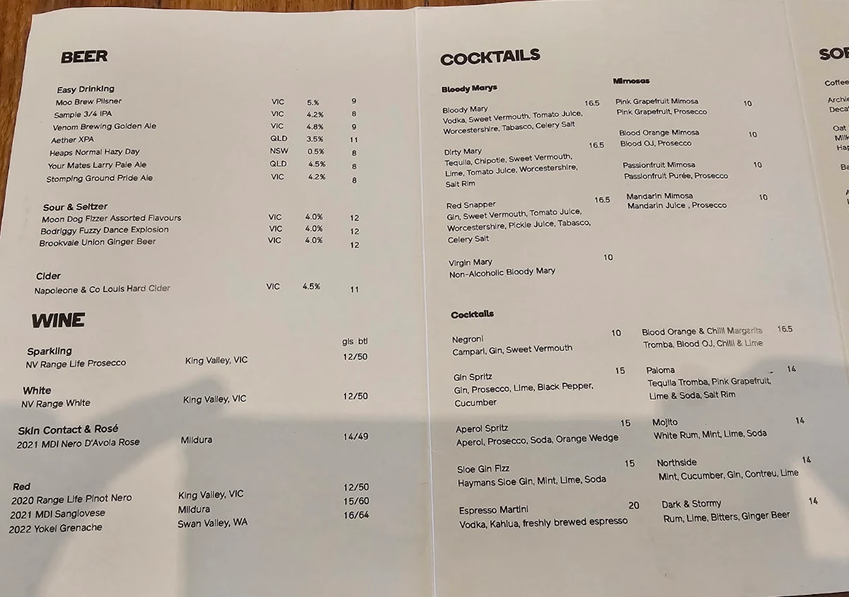 Menu, Archie's All Day