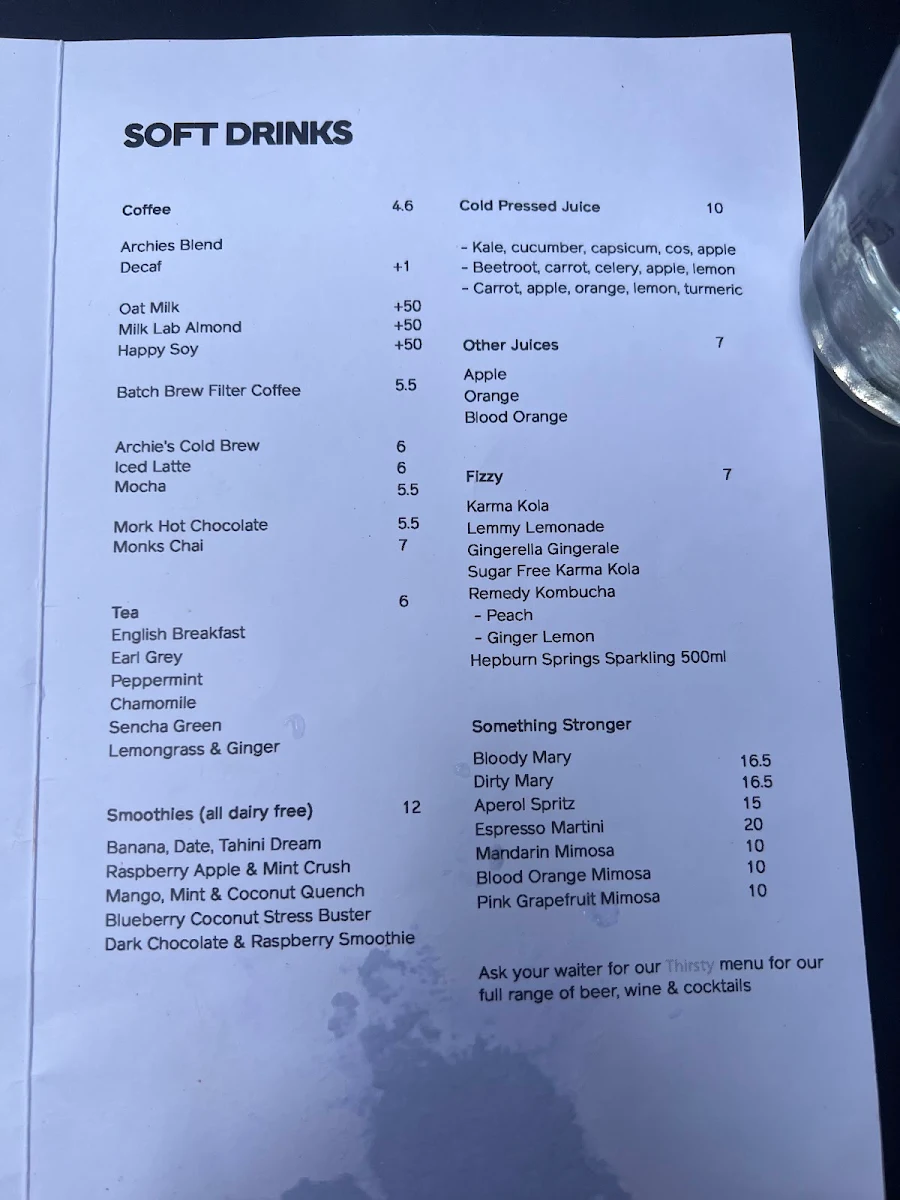 Menu, Archie's All Day