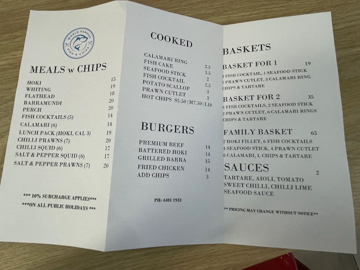 Menu, World Famous Fish N Chips