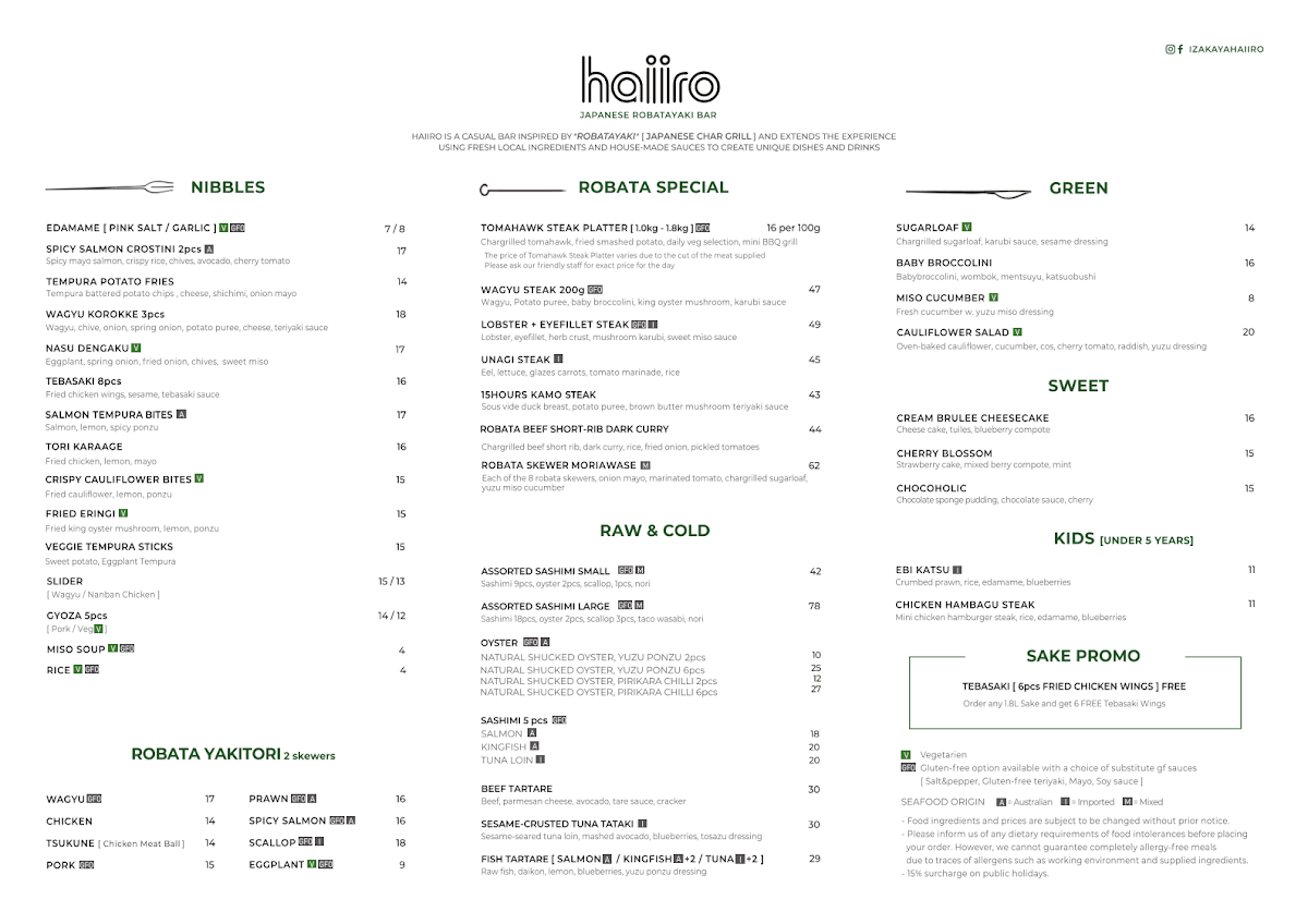 Menu, Izakaya Haiiro