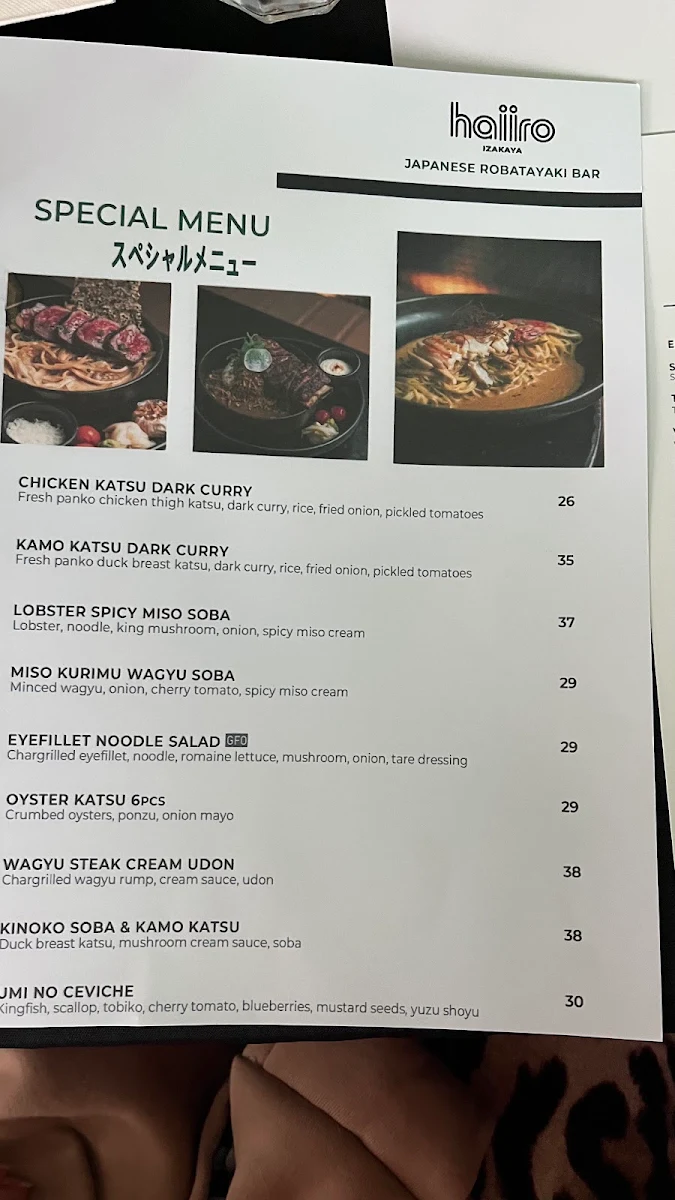 Menu, Izakaya Haiiro