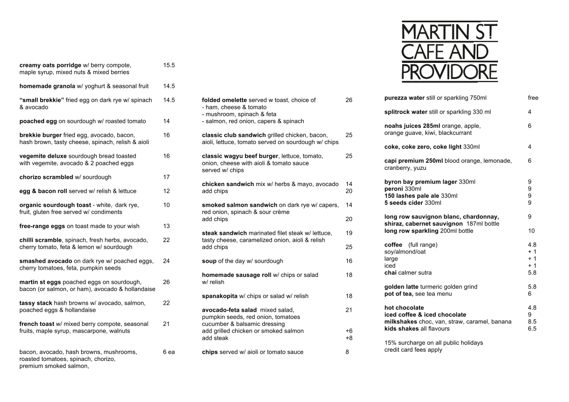 Menu, Martin Street Cafe