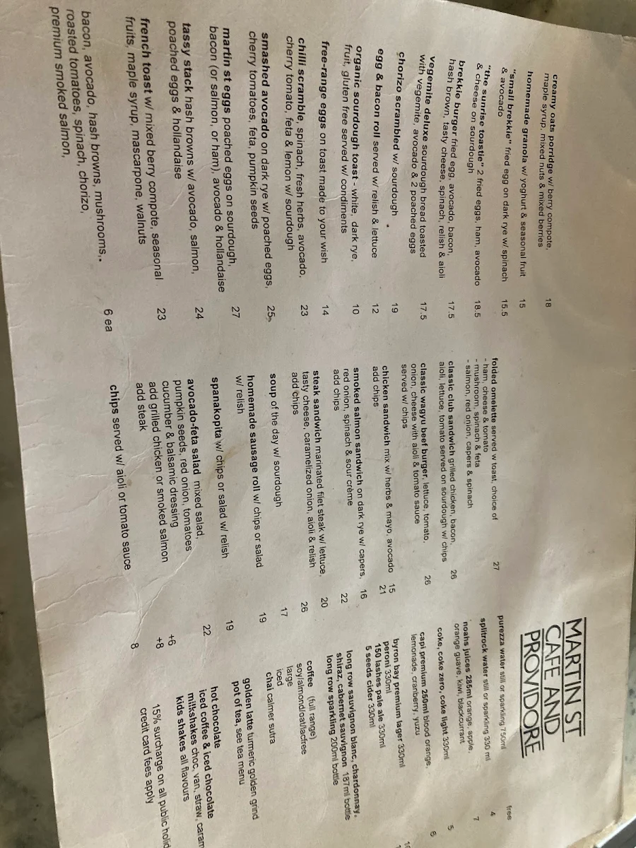 Menu, Martin Street Cafe