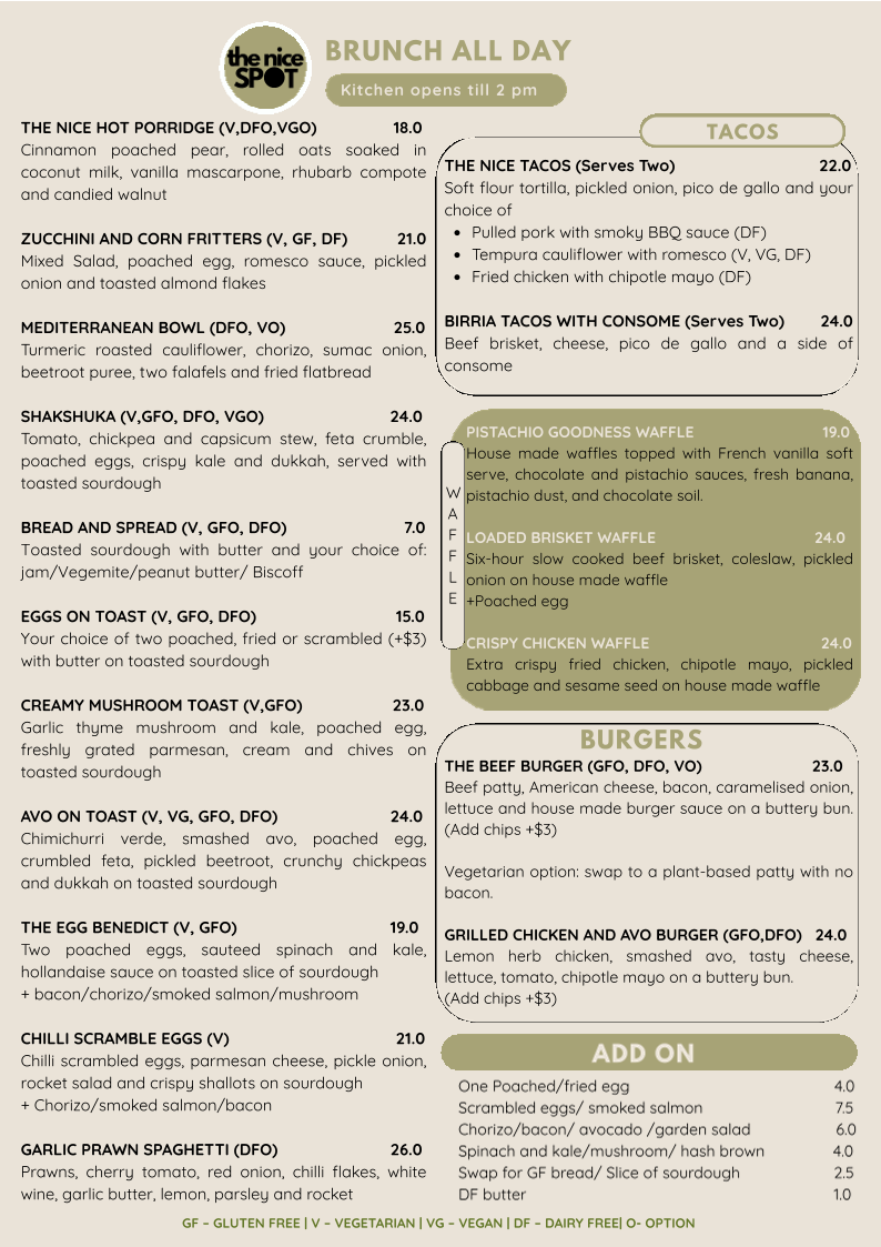 Menu, The Nice Spot