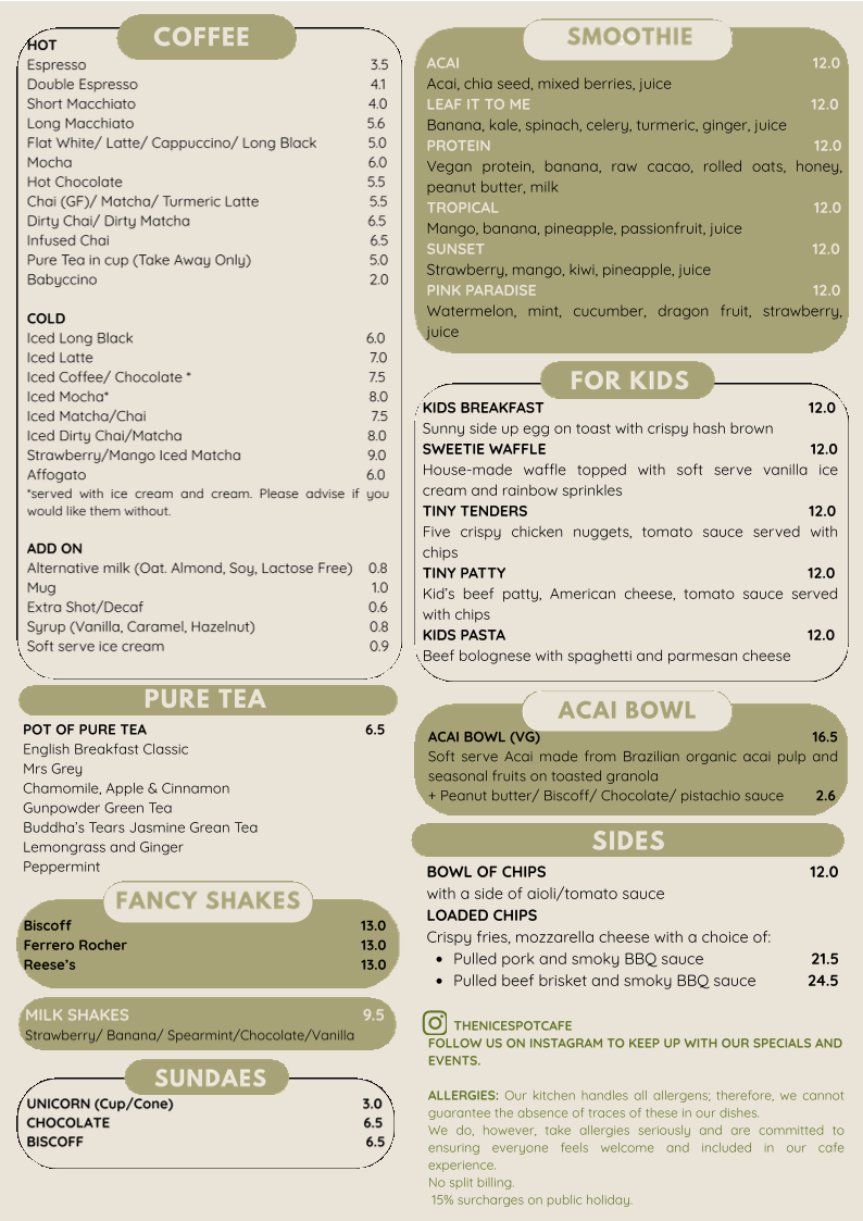 Menu, The Nice Spot