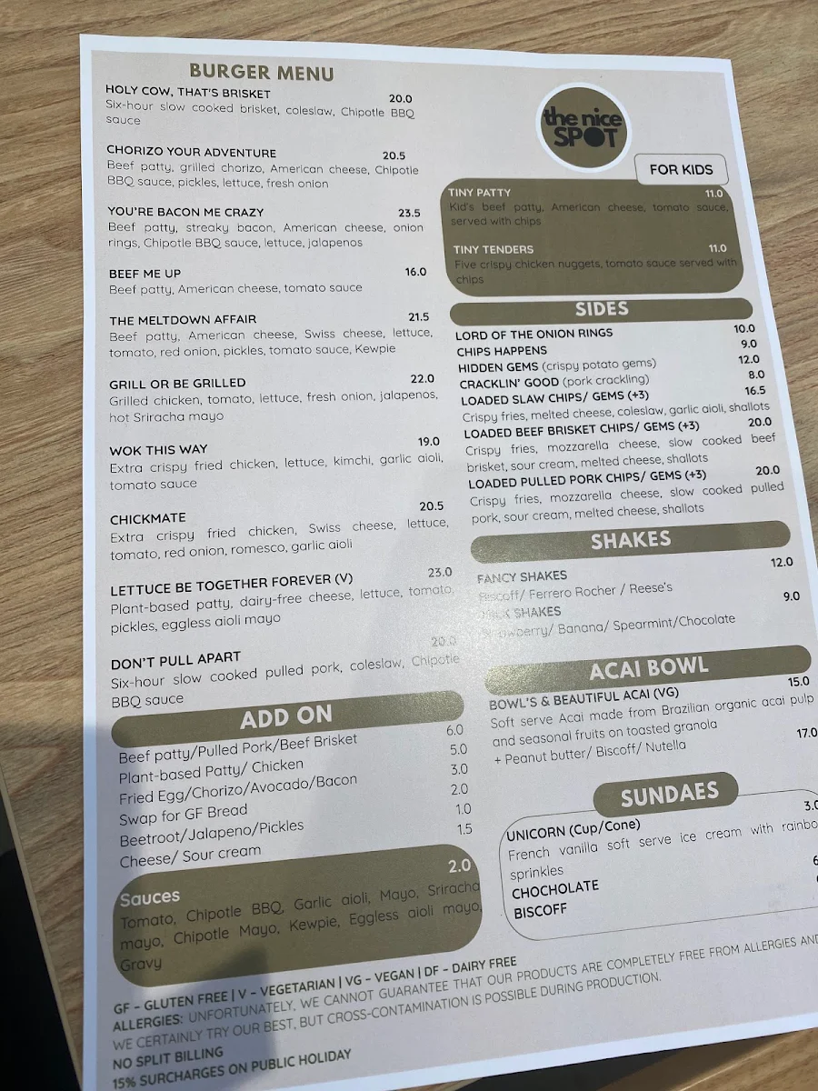 Menu, The Nice Spot