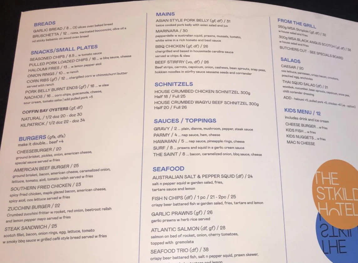 Menu, The St Kilda Hotel