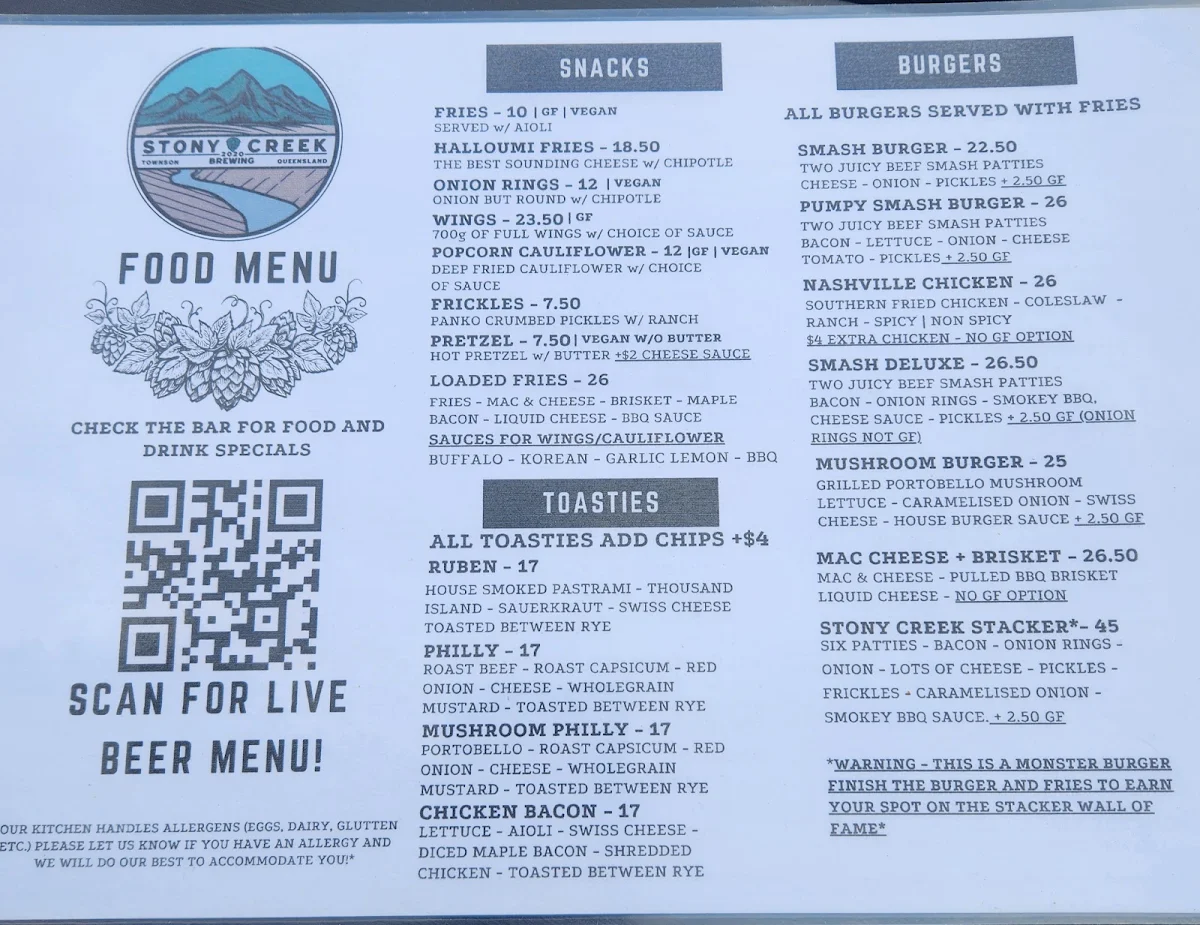 Menu, Stony Creek Brewing Company