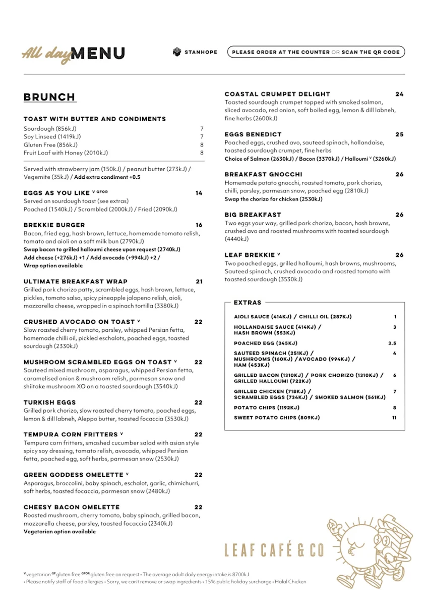 Menu, Leaf Cafe & Co Stanhope Gardens Pty Ltd
