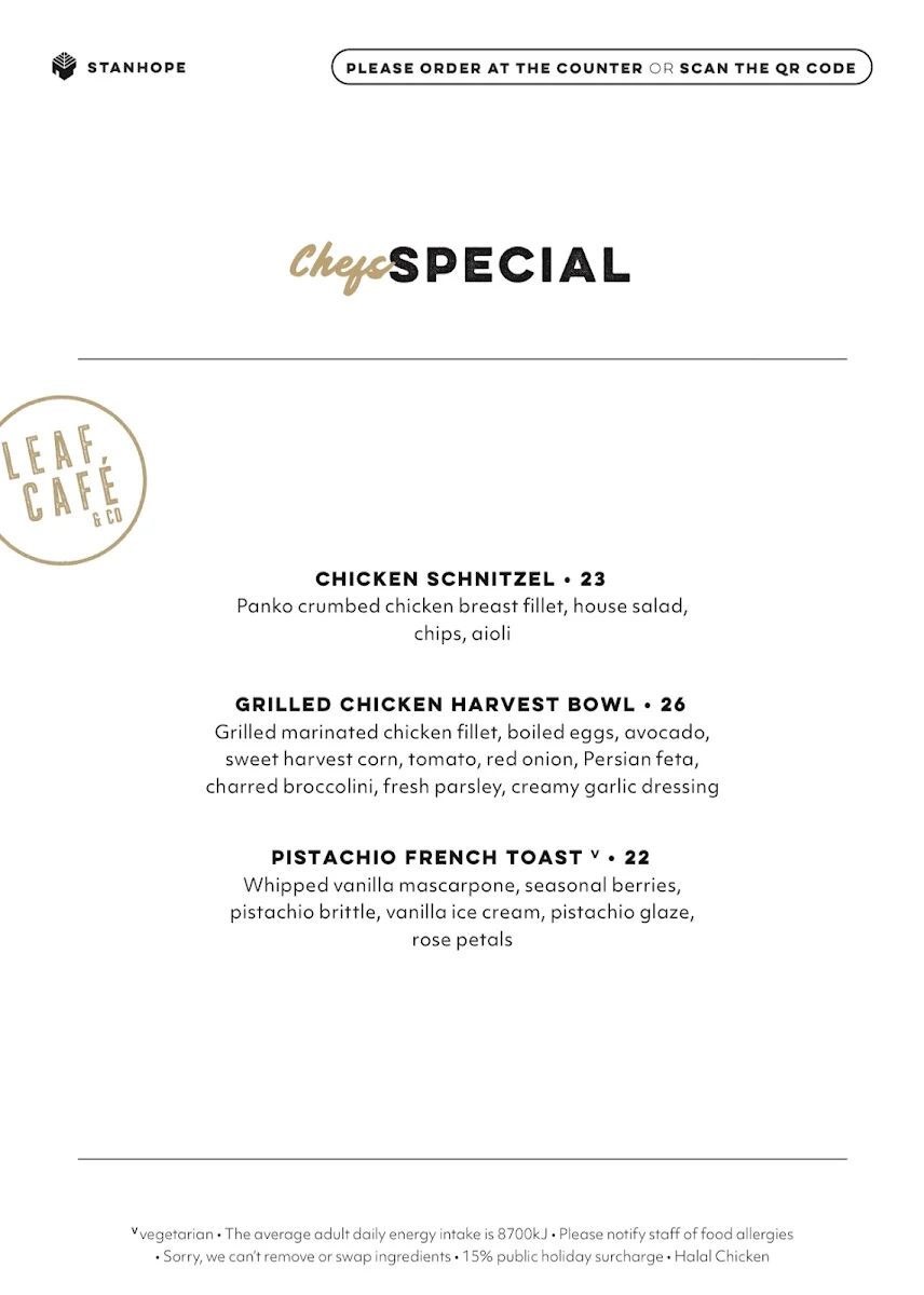 Menu, Leaf Cafe & Co Stanhope Gardens Pty Ltd