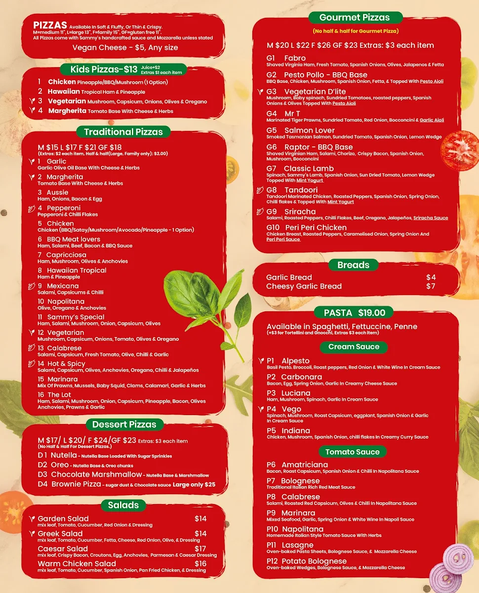 Menu, Sammy Boys Pizza