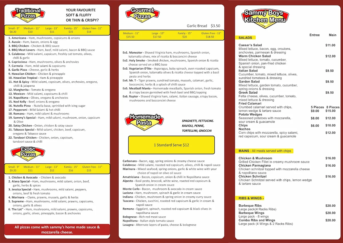 Menu, Sammy Boys Pizza