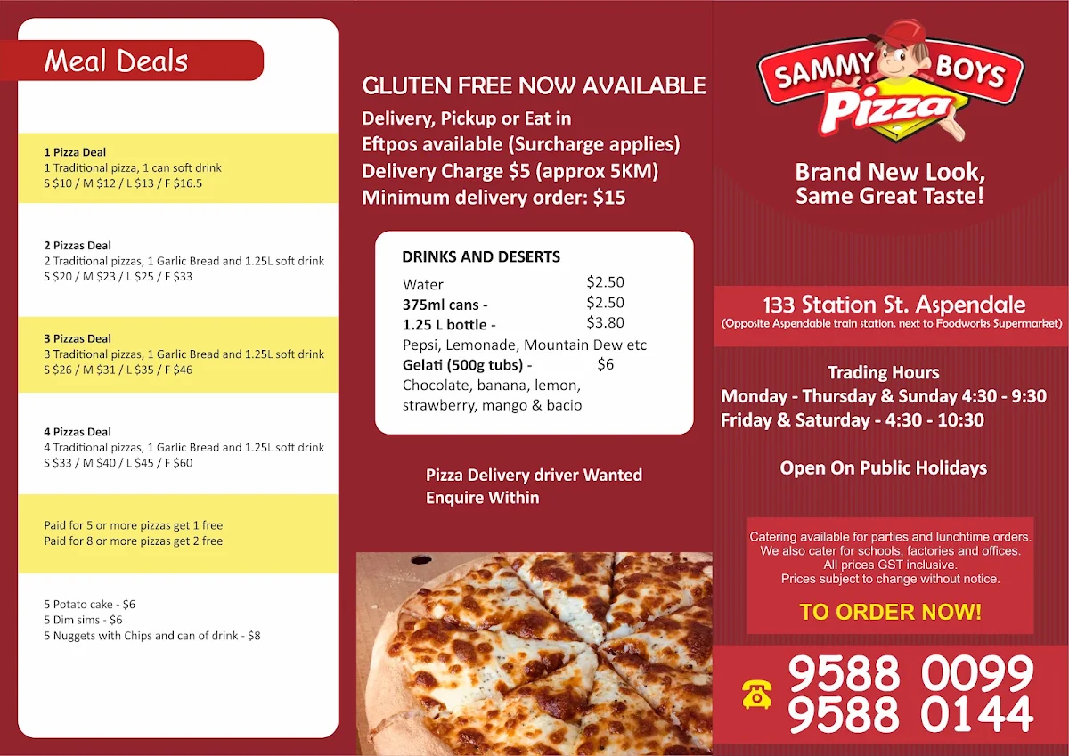 Menu, Sammy Boys Pizza