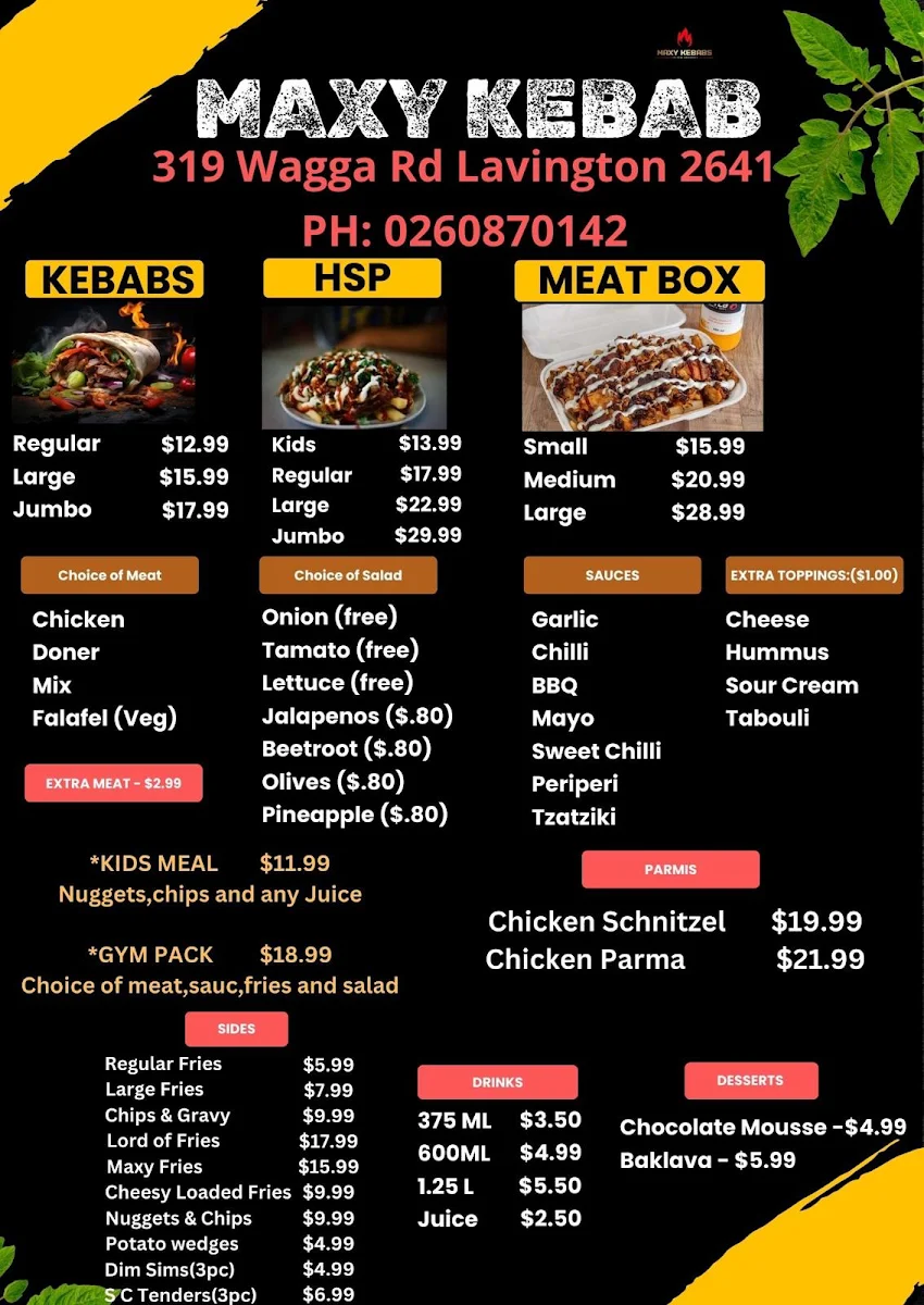 Menu, Maxy Kebabs - Albury