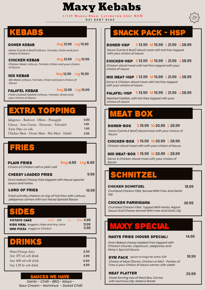 Menu, Maxy Kebabs - Albury