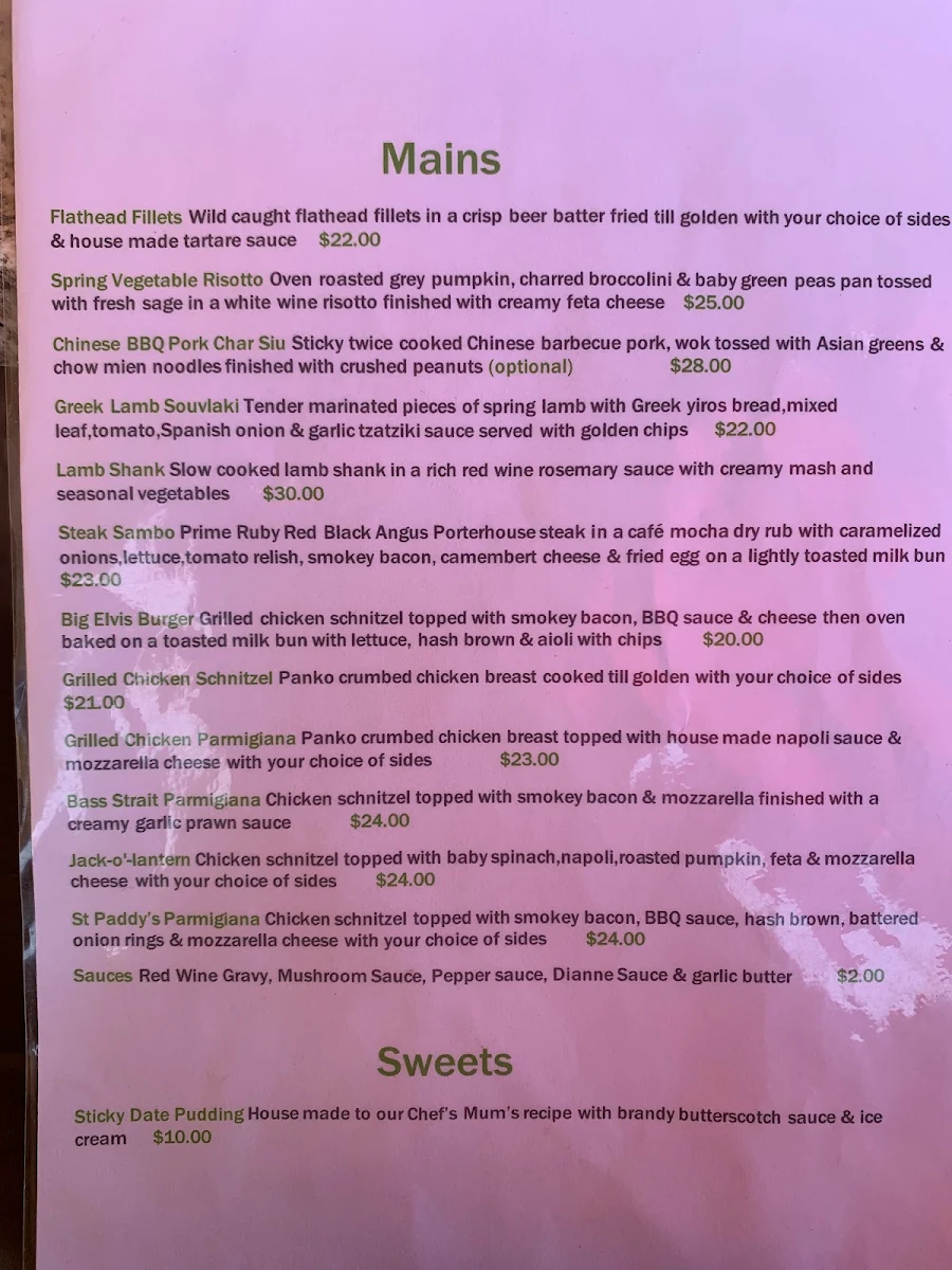 Menu, Shamrock Hotel