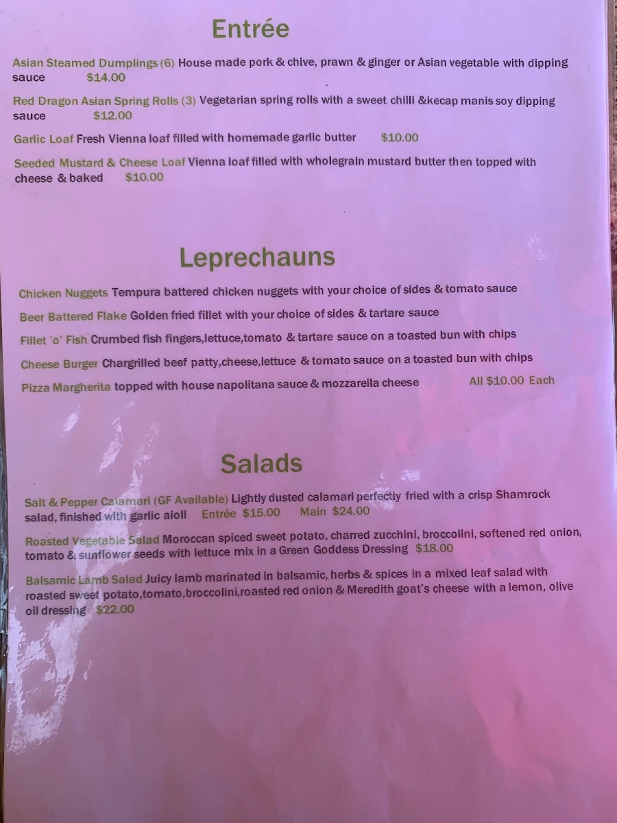 Menu, Shamrock Hotel