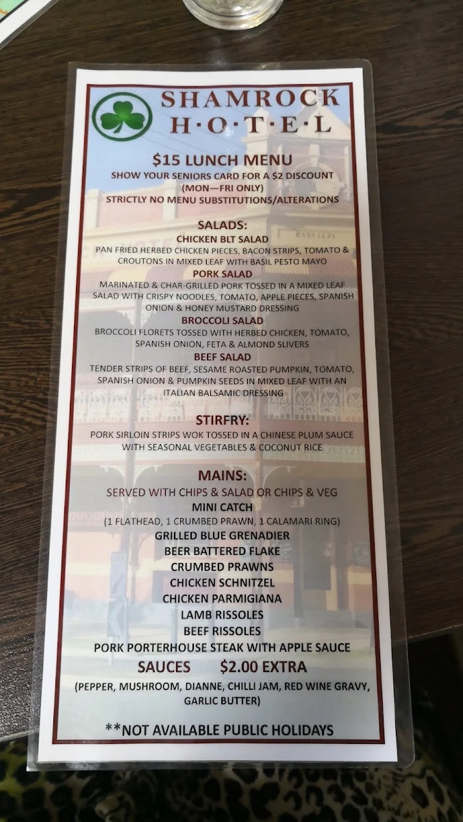 Menu, Shamrock Hotel