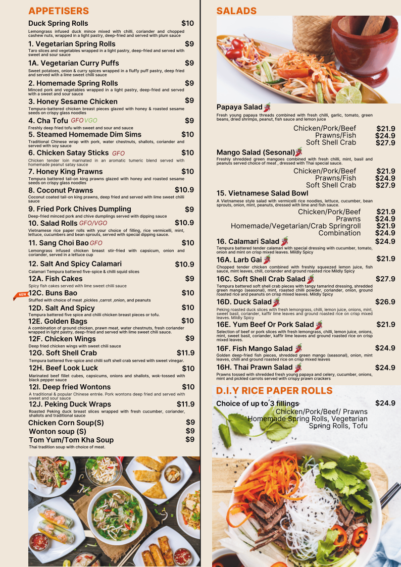 Menu, Sing's Asian Kitchen Rosalie