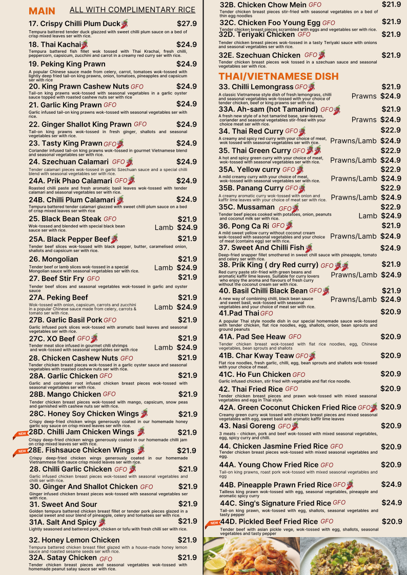 Menu, Sing's Asian Kitchen Rosalie