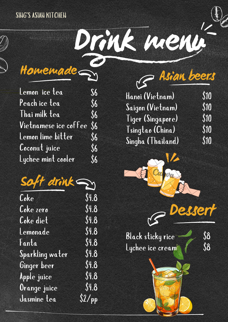 Menu, Sing's Asian Kitchen Rosalie